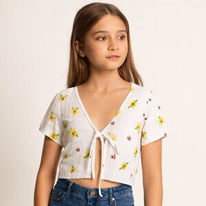 Heart and Arrow Floral Cropped Top Tie Front Short Sleeve Size 10
